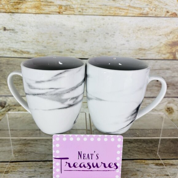 H2K Home To Kitchen MARBLE Design White Gray 14oz Porcelain Cup Mugs Set of 2 - Picture 1 of 16